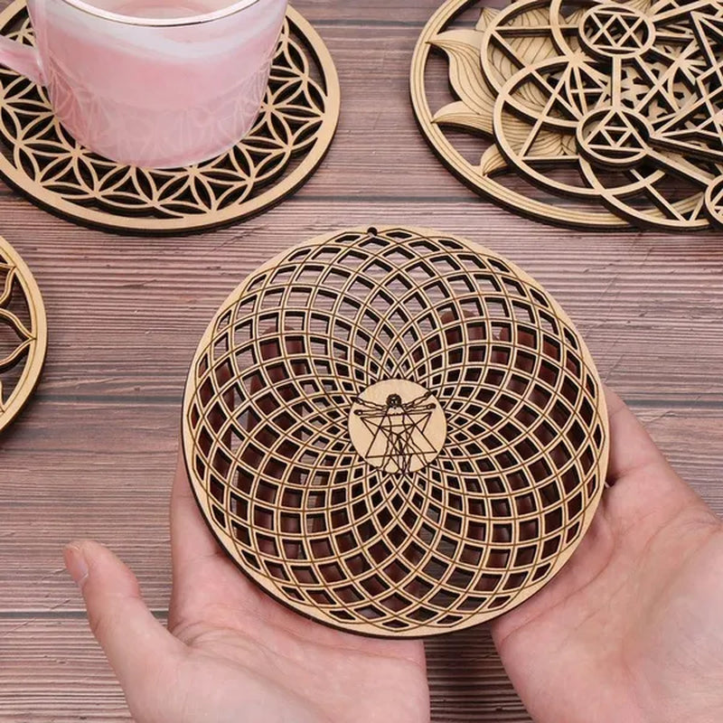 1 PC Making Sacred Geometry Ornament Laser Cut Handmade Coasters Wood Wall Art Home Decor Wooden Wall Sign Flower Of Life Energy Mat Flower of Life Shape Slice Wood Base