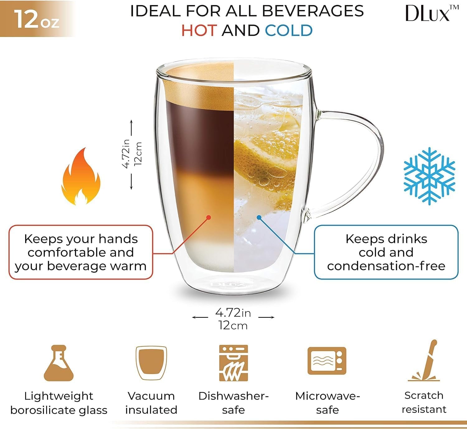 Coffee Mugs, 12Oz Latte Clear Glass Set of 2 Cups with Handles, Double Wall Insulated Borosilicate Glassware Cup - Wine, Tea Glasses