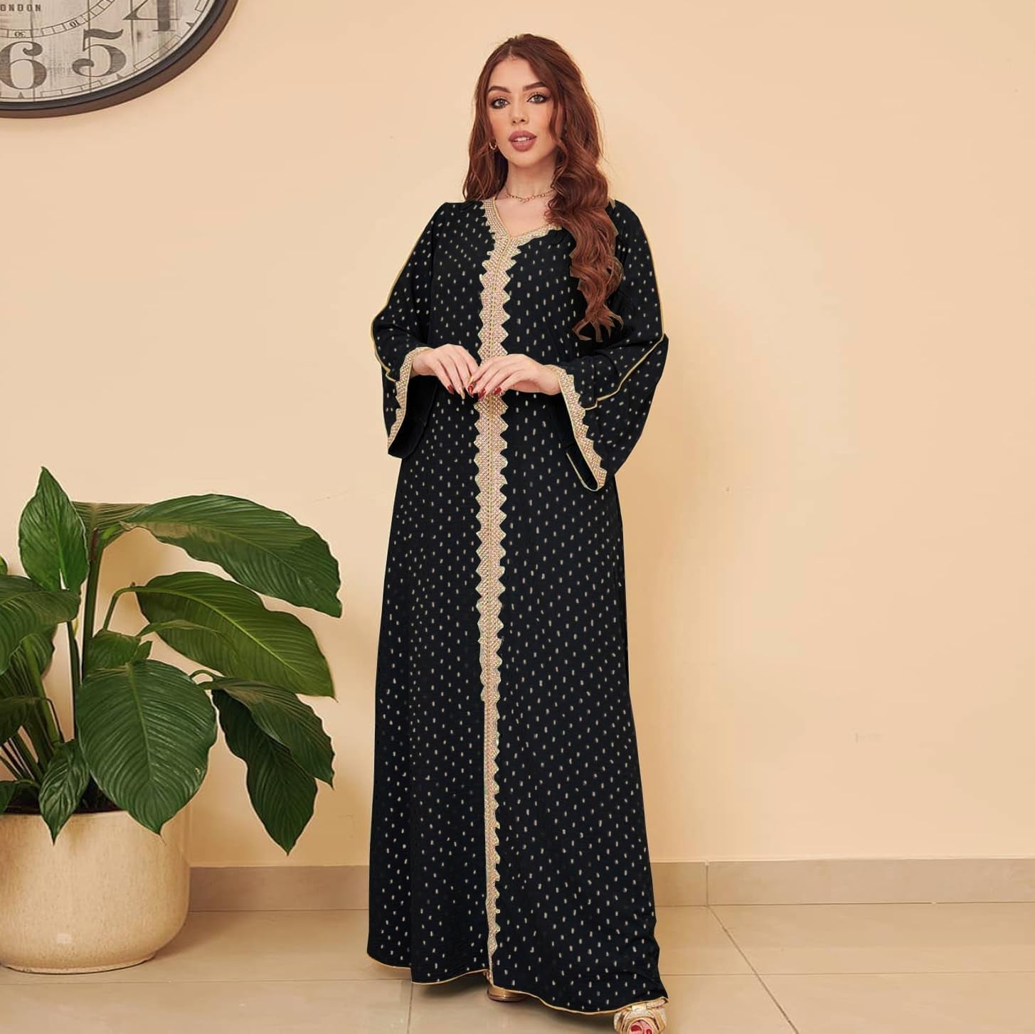 Womens Muslim Abaya Dress One-Piece V Neck Bronzing Dress Islamic Full Length Kaftan Daily Casual Dress