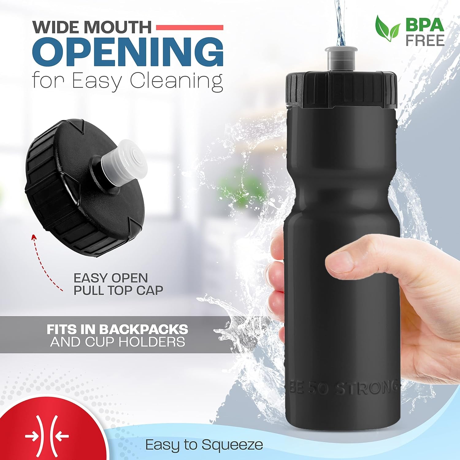 Sports Water Bottles – Reusable 22 Oz Bpa-Free Plastic Bottles with Pull Top Cap – Made in USA – Top Rack Dishwasher Safe – Fits Most Bike Cages Brand