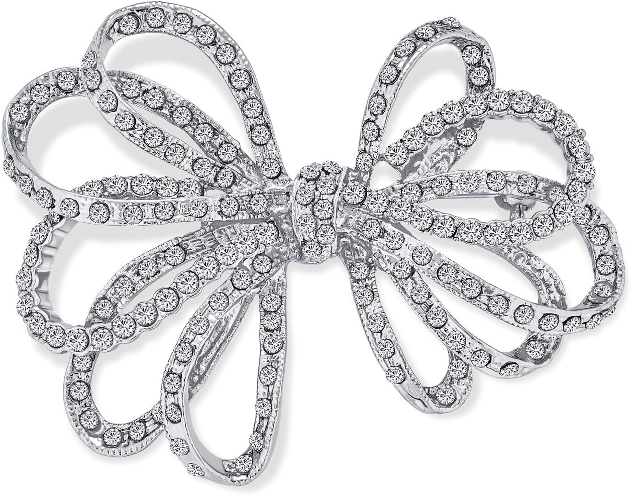 Winter Holiday Blue White Glittering Crystal Bridal Fashion Large Statement Ribbon Scarf Bow Brooch Pin for Women Rose Gold or Silver Plated