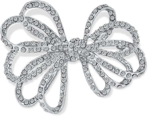 Winter Holiday Blue White Glittering Crystal Bridal Fashion Large Statement Ribbon Scarf Bow Brooch Pin for Women Rose Gold or Silver Plated