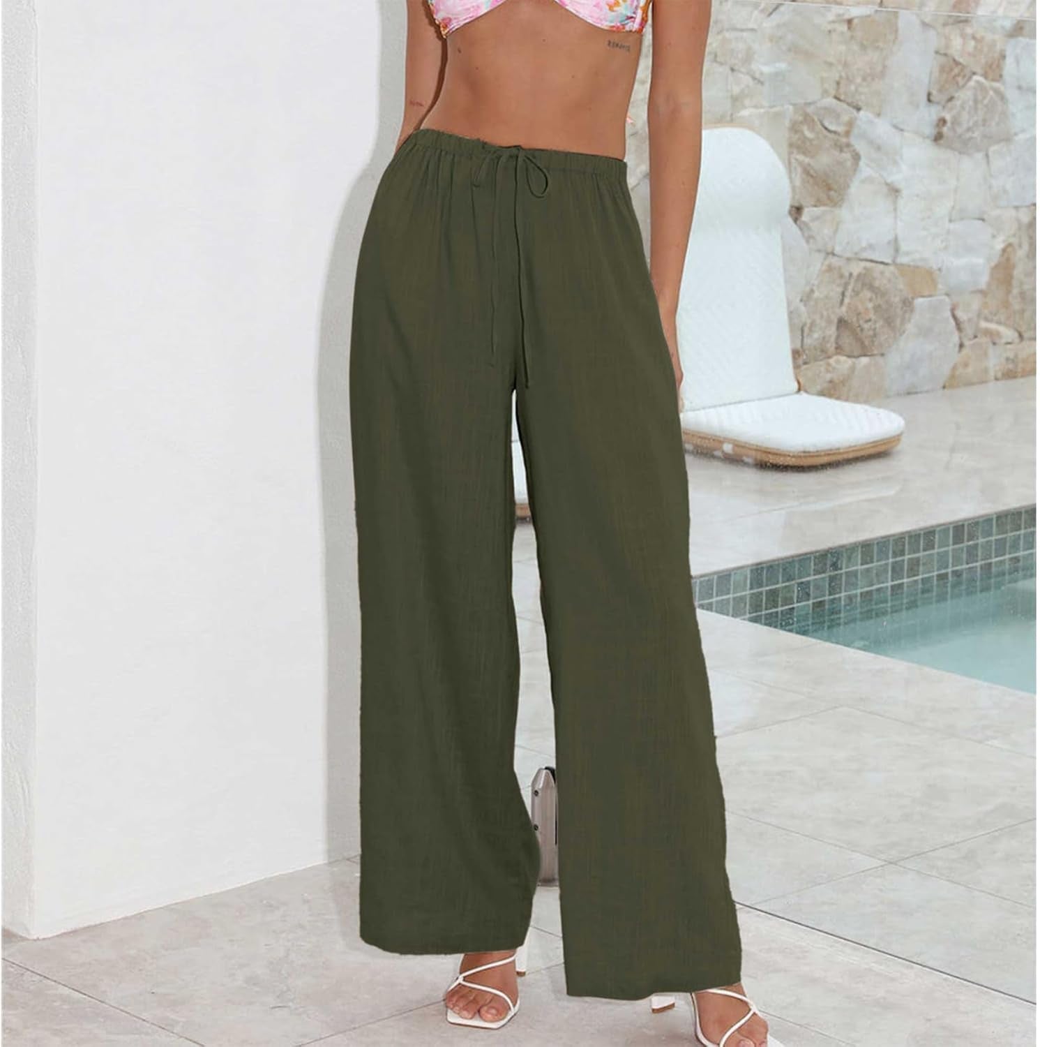 Womens Cotton Linen Palazzo Pants Drawstring Elastic Waist Casual Wide Leg Trousers with Pockets