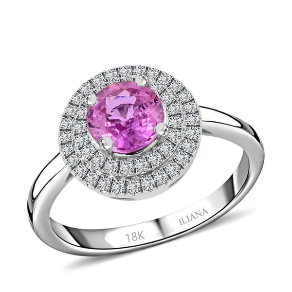 Shop LC Her ILIANA 18K White Gold round AAA Pink Sapphire Birthstone Real Diamond Double Halo Ring Engagement Anniversary Bridal Wedding Gift Ct 1.1 G-H Color Si1 Clarity