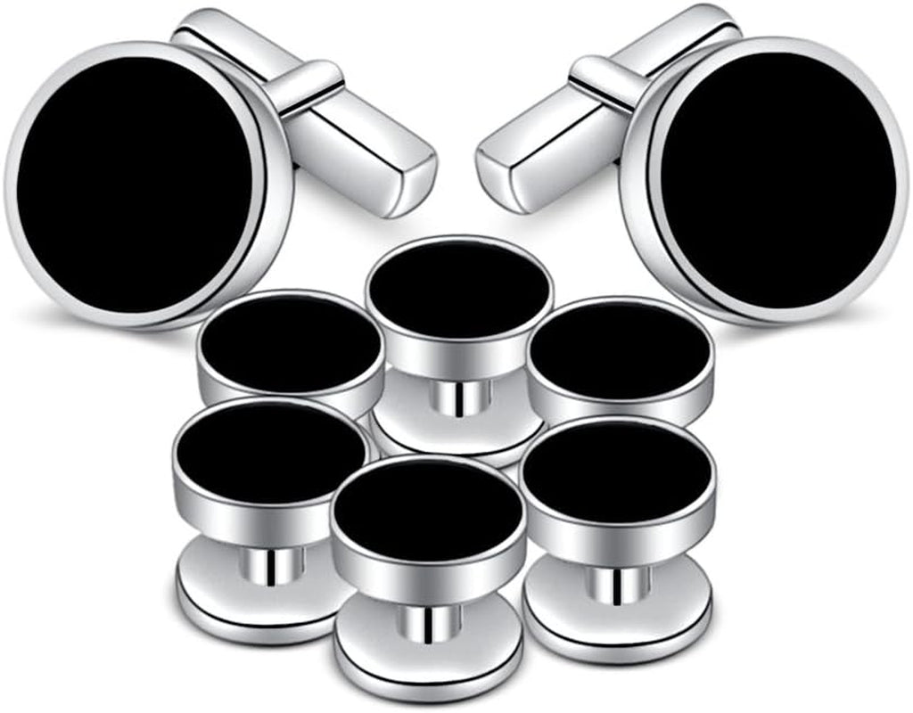 Mens Onyx Cufflinks and Studs Set Silver Black Cufflinks for Men Tuxedo Shirts Business Wedding Gift