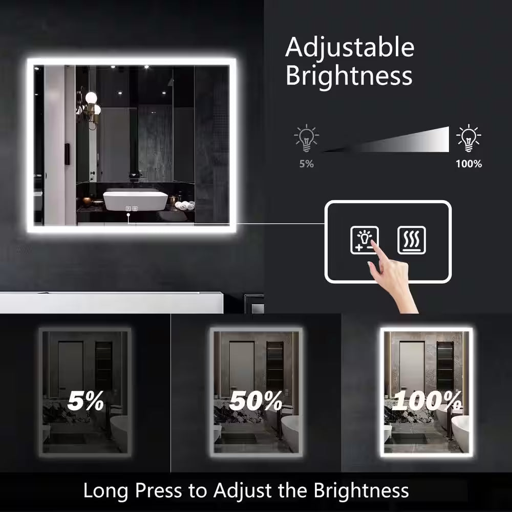 36 In. W X 30 In. H Rectangular Frameless LED Light with 3-Color and Anti-Fog Wall Mounted Bathroom Vanity Mirror