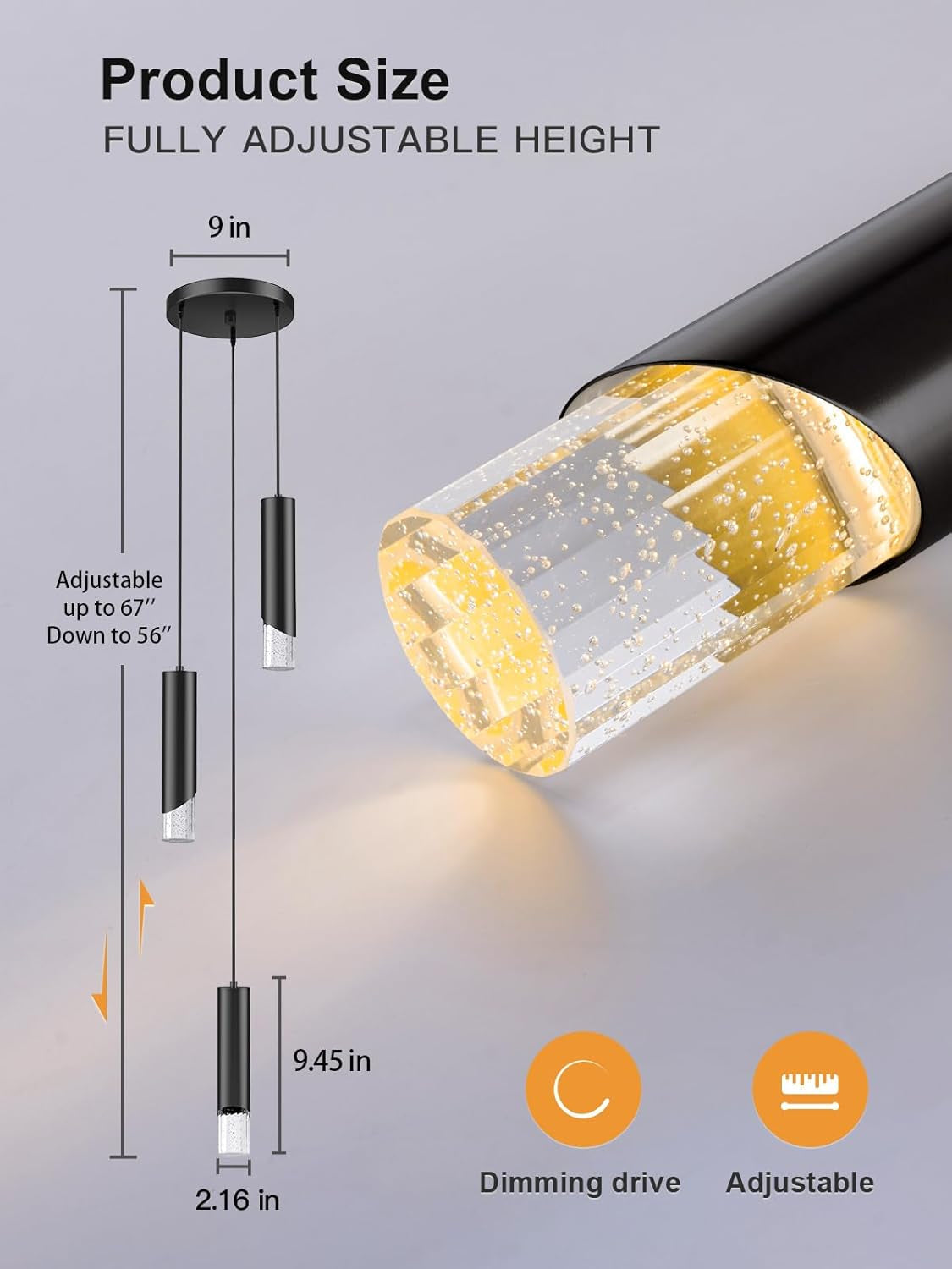 Modern Pendant Lights, 3-Lights Crystal Pendant Lighting for Kitchen Island, Dimmable Hanging Light Fixture with Adjustable Height for Kitchen, Dining Room, Bedroom (3-Lights, Black)