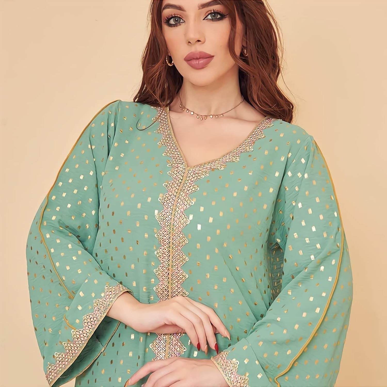Womens Muslim Abaya Dress One-Piece V Neck Bronzing Dress Islamic Full Length Kaftan Daily Casual Dress