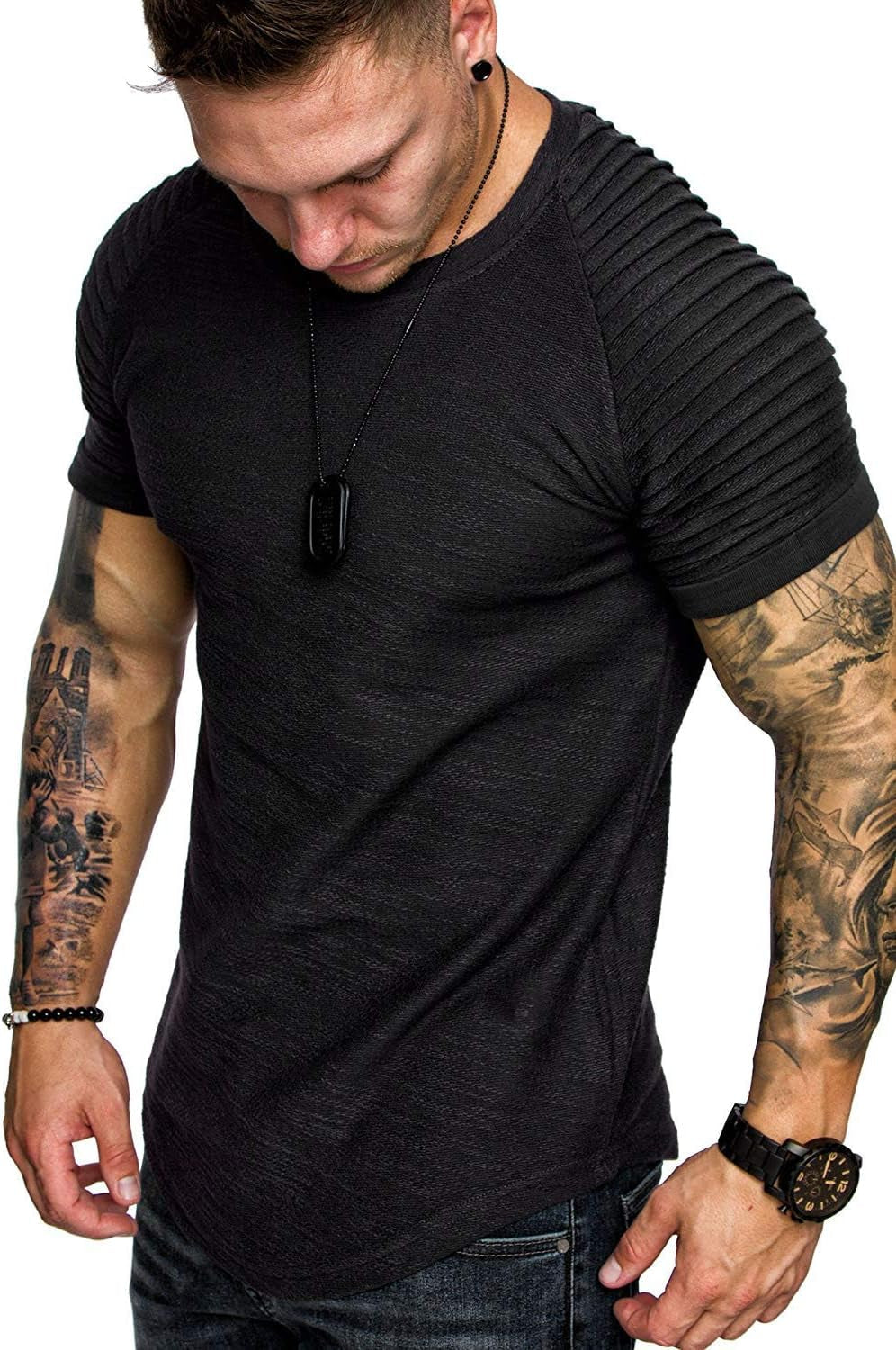 Men'S Muscle T-Shirt Pleated Raglan Sleeve Bodybuilding Gym Tee Short Sleeve Fashion Workout Shirts Hipster Shirt