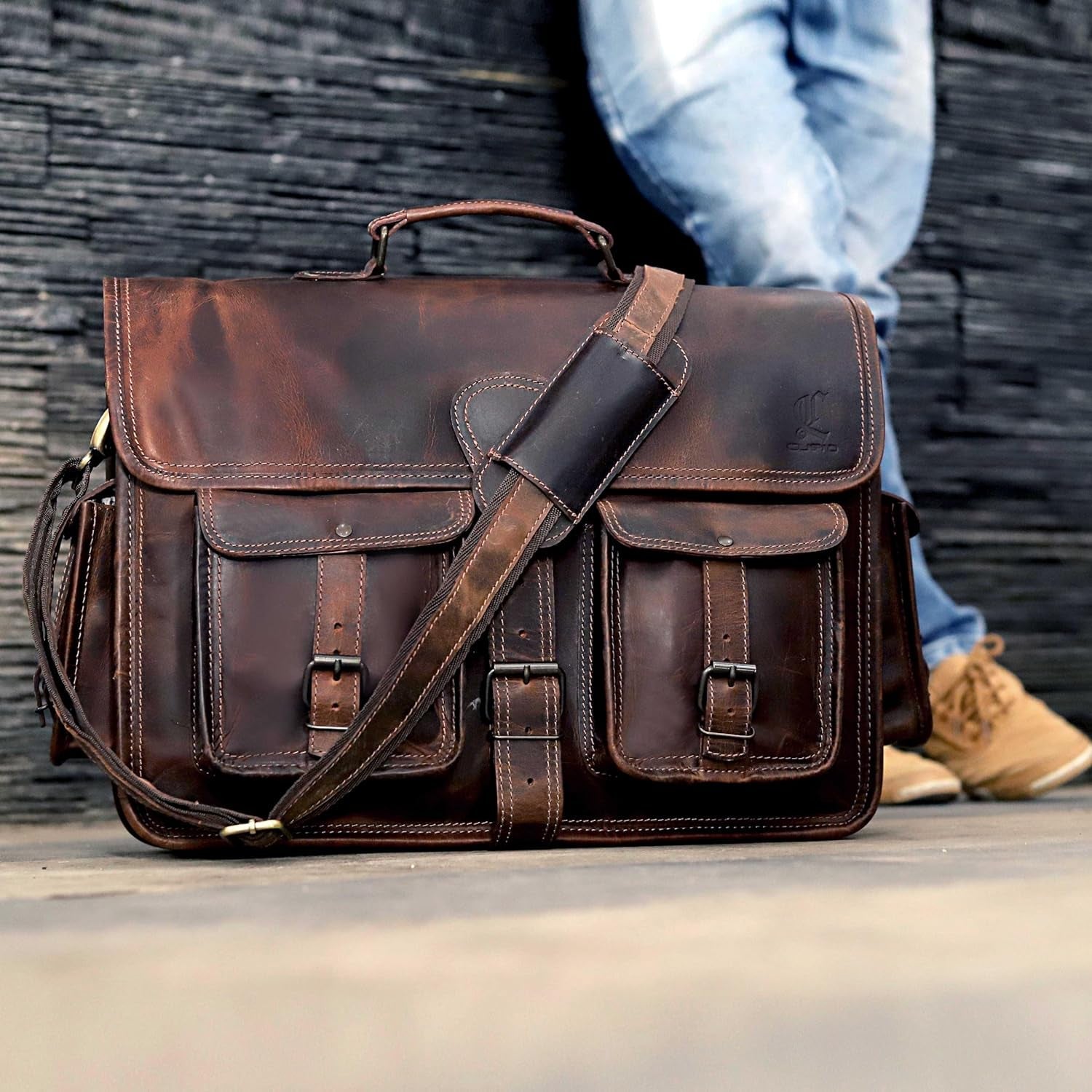 Leather Briefcase Work Bag for Men Women Dark Brown Crossbody Genuine Leather Satchel Office Bag for Men Women 18 Inch Computer Travel Messenger Laptop Shoulder Bag Cureo