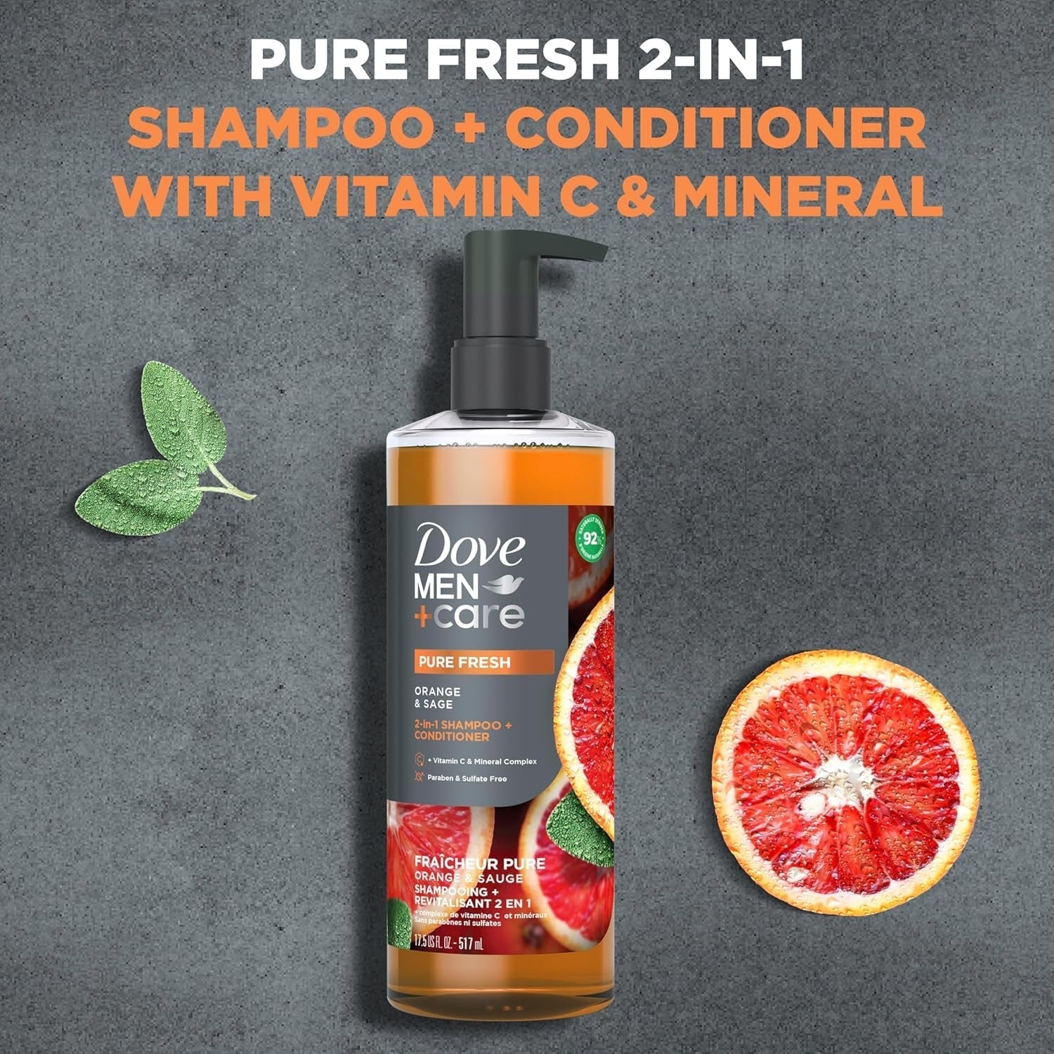 2-In-1 Shampoo + Conditioner Pure Fresh Orange & Sage for Strong, Healthy-Looking Hair, with Vitamin C & Mineral Complex, 17.5 Oz