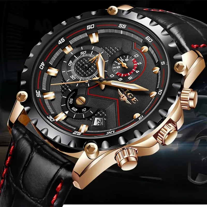 LIGE Mens Watches Top Brand Luxury Quartz Gold Watch Men Casual Leather Military Waterproof Sport Wrist Watch Male Fashion Clock