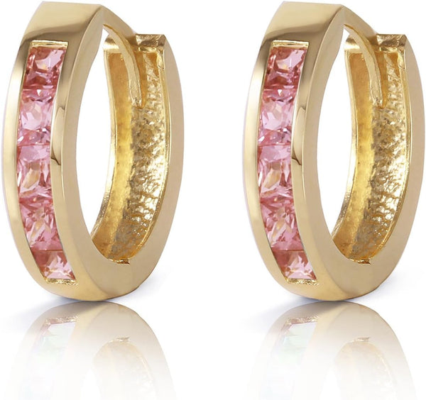 14K Yellow Gold Hoop Huggie Earrings with Pink Sapphires