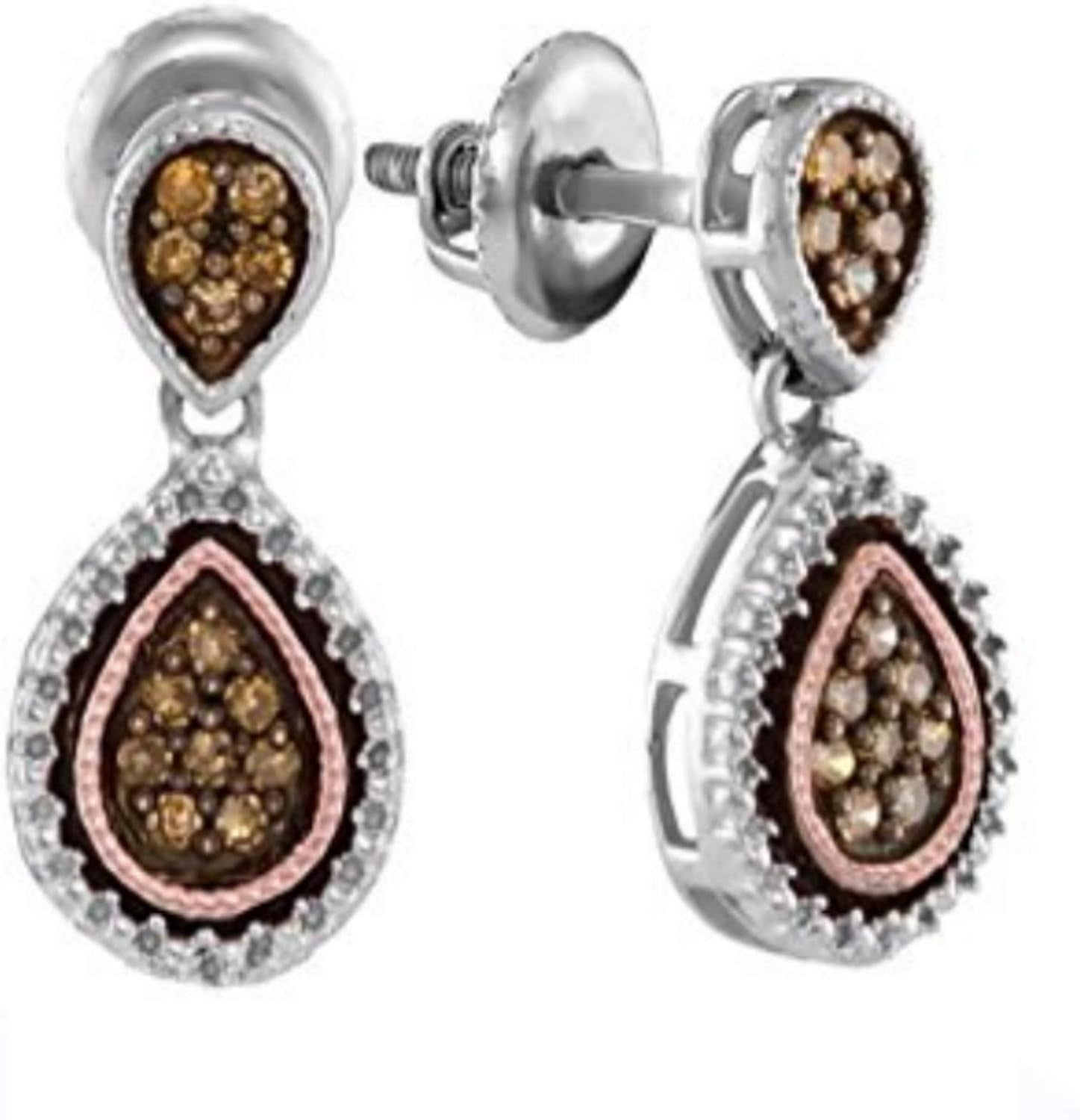 14K Gold Silver Chocolate Brown Diamond Teardrop Beautiful Earrings 1/3 Ctw.