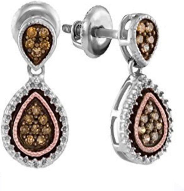 14K Gold Silver Chocolate Brown Diamond Teardrop Beautiful Earrings 1/3 Ctw.