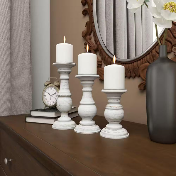White Mango Wood Turned Style Pillar Candle Holder (Set of 3)