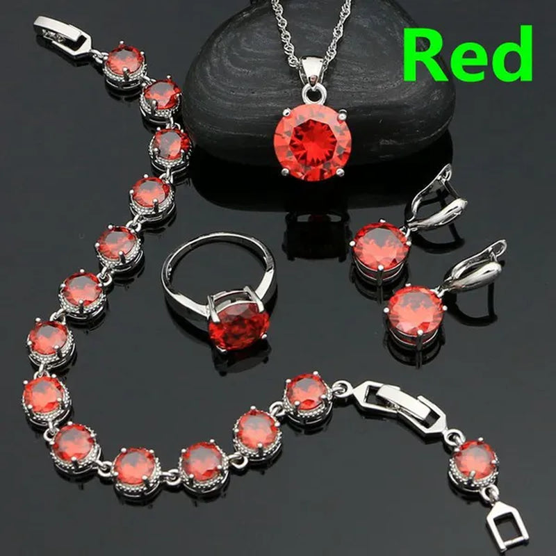925 Sterling Silver Bridal Jewelry Sets Green Emerald Drop Earrings Ring Pendant Necklace Bracelet 4Pcs Birthday Gift for Women