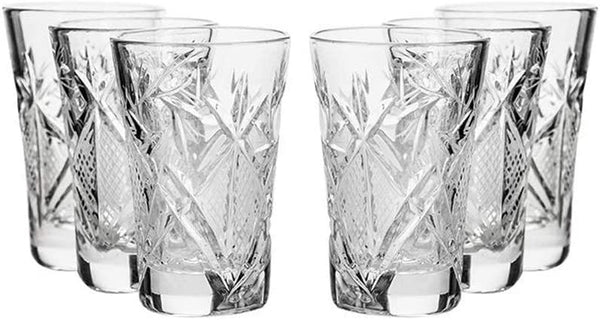 World Gifts Set of 6 Russian Cut Crystal Shot Glasses 1.2 Oz. Hand Made Soviet USSR Vodka Shooters - Vintage Design