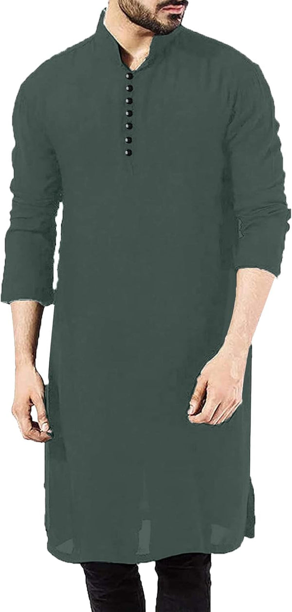 Men'S Long Sleeve Muslim Thobe Robe Button up Kaftan with Side Split and Pockets