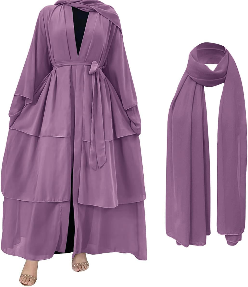 Muslim Chiffon Abaya for Women Open Front Cardigan Modest Dress with Hijab Scarf Middle East Arabian Robe Islamic Long Dress