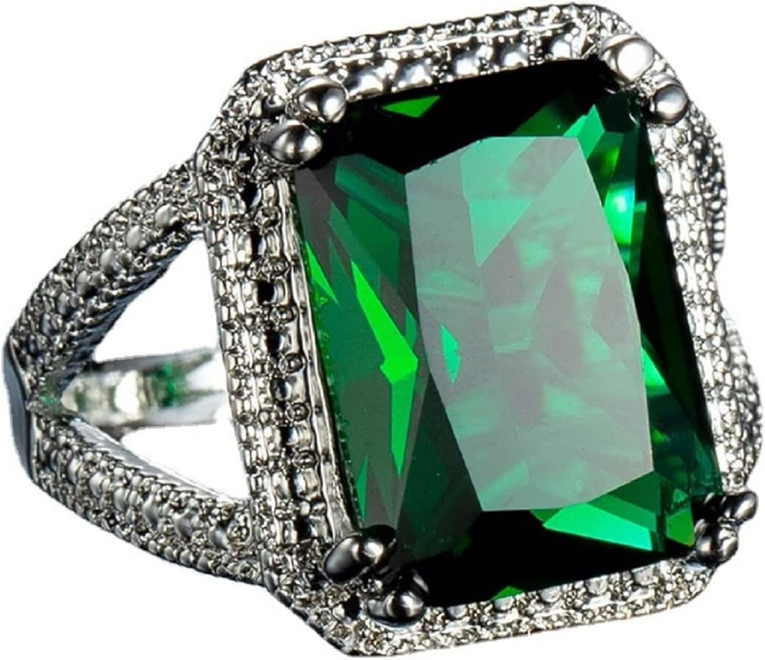 Emerald Halo 925 Sterling Silver Emerald Ring Cocktail Rings Square Cut Green Gem Cubic Zirconia Anniversary Promise Ring CZ Eternity Engagement Wedding Band Ring for Women (7)