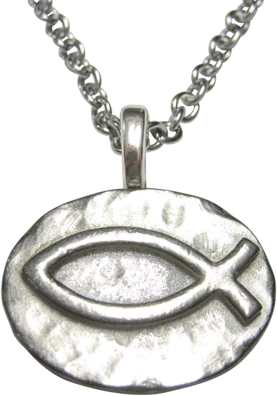 Silver Toned Pewter Oval Religious Ichthys Fish Pendant Stainless Steel Chain Necklace