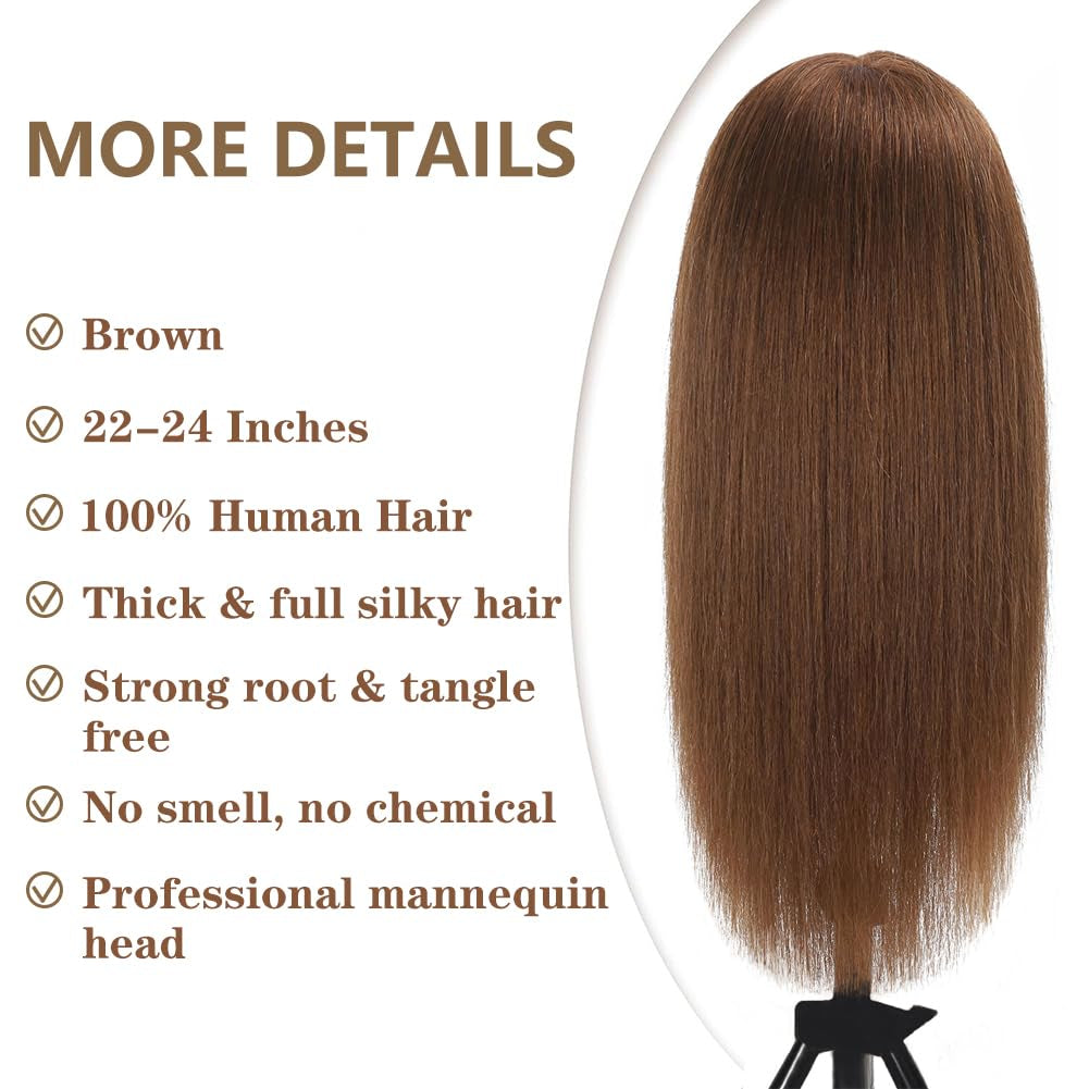 Mannequin Head with 100% Real Human Hair Cosmetology Mannequin Head to Practice Hairstyles Doll Head Training Head for Hairdresser (Brown)
