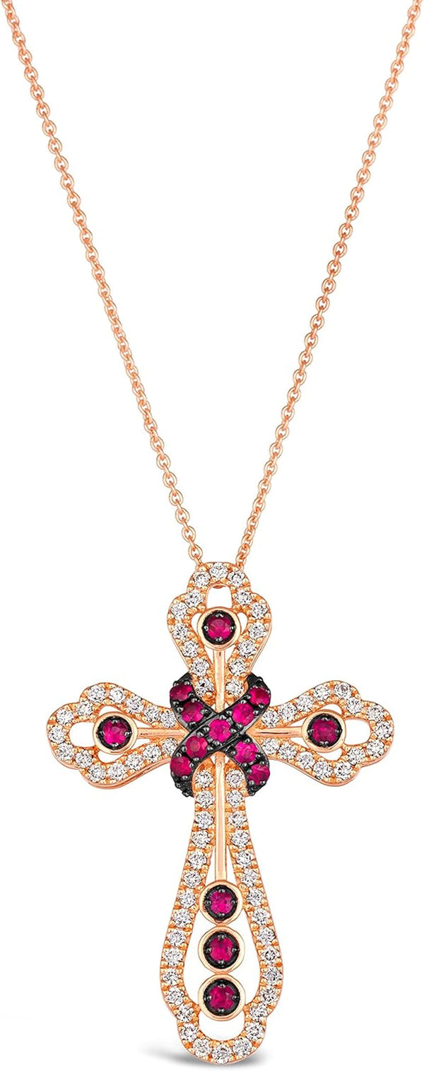 1/2 Carat Diamond and 1/4 Carat Red Ruby Cross Pendant Necklace for Women in 14K Rose Gold (G-H, VS2-SI1, Cttw) on 20 Inch Long Chain with Lobster Claw Clasp