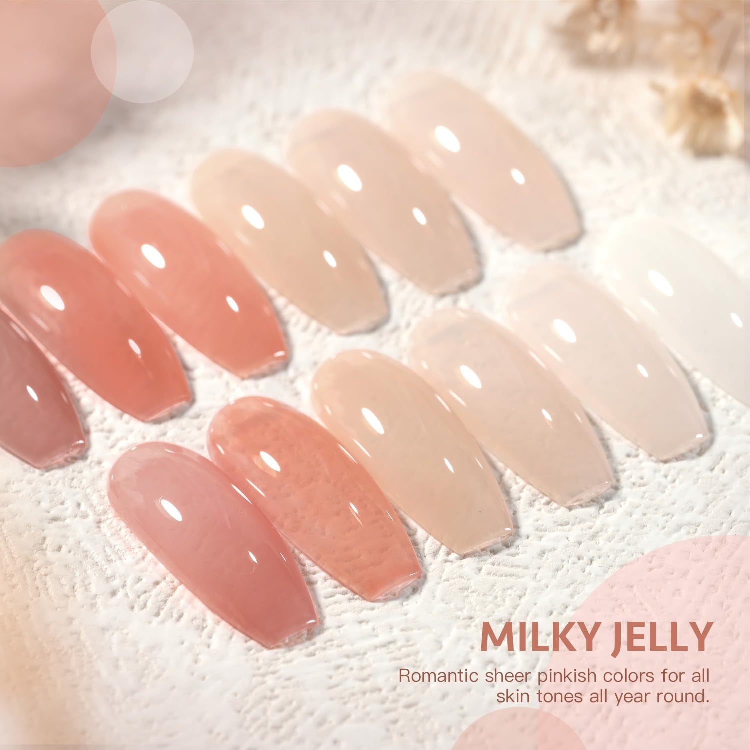 Milky Jelly Nude Gel Nail Polish Set, 6 Transparent Colors Sheer White Pink Soak off UV Light Cure Gel Polish Kit for Salon and Nail Art DIY at Home