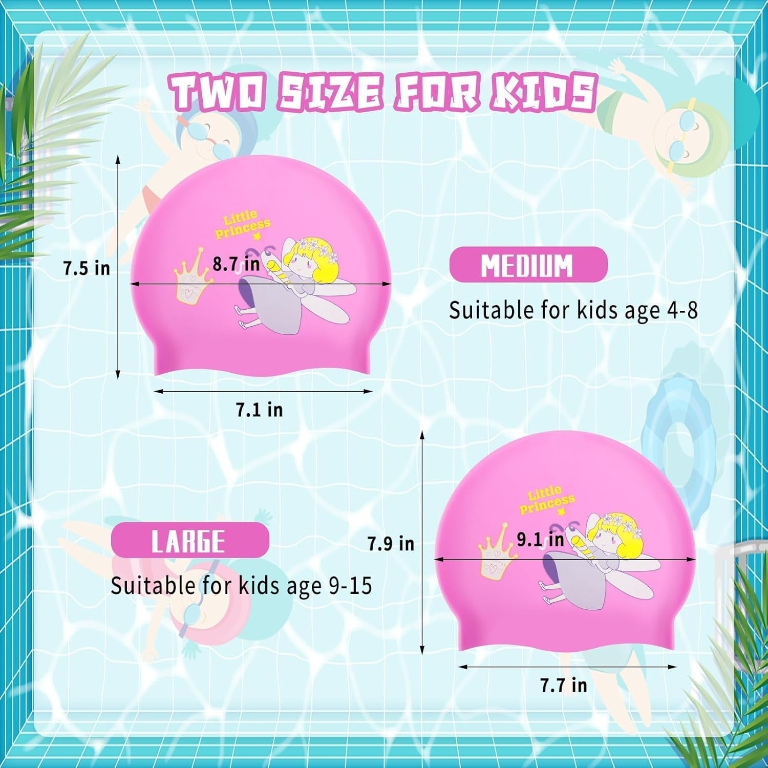 2 Pack Swim Cap for Kids Girl Boys Youth, Waterproof Swimming Cap for Long and Short Hair, Durable Silicone Bathing Cap with Storage Bag