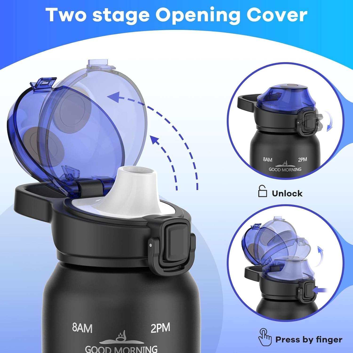 32Oz Water Bottle 316 Stainless Steel with Time Marker, 1000Ml Insulated Water Bottle Double Walled with Handle, Metal Thermoses Keep Cold & Hot 24H for Men, Women & Kids BLACK