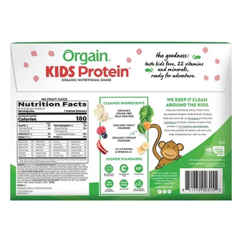 Orgain Kids 8G Grass-Fed Protein Organic Nutritional Shake, Strawberry 8.25 Fl. Oz., 12 Pk.