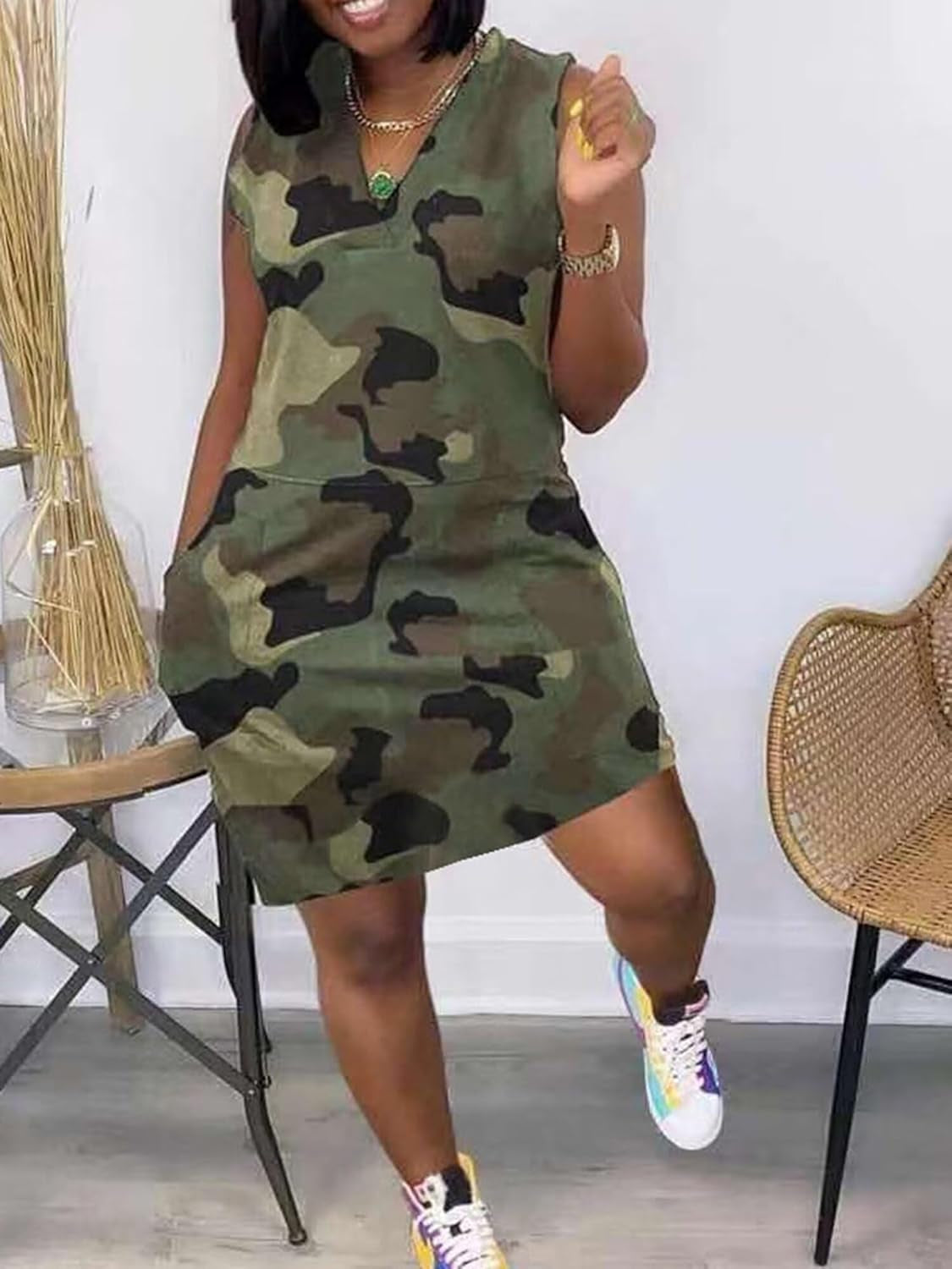Women'S plus Size Camo Print V Neck Sleeveless Sundress Cargo Mini Dress with Pockets