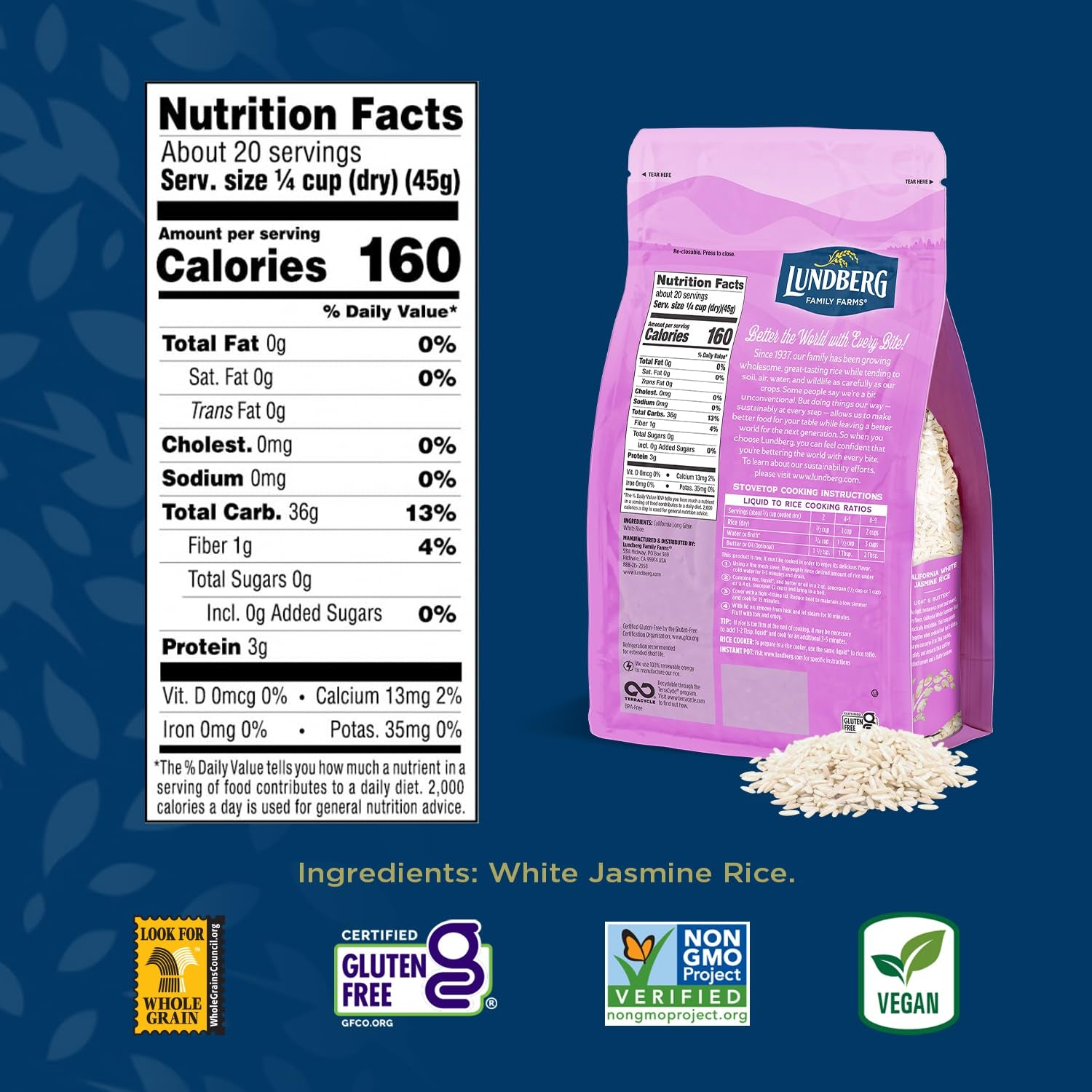 Jasmine Rice, Long Grain White Rice - Non-Sticky, Fluffyaromatic Rice, Sustainably Grown in California, Pantry Staples, Chip Clip Included, 32 Oz