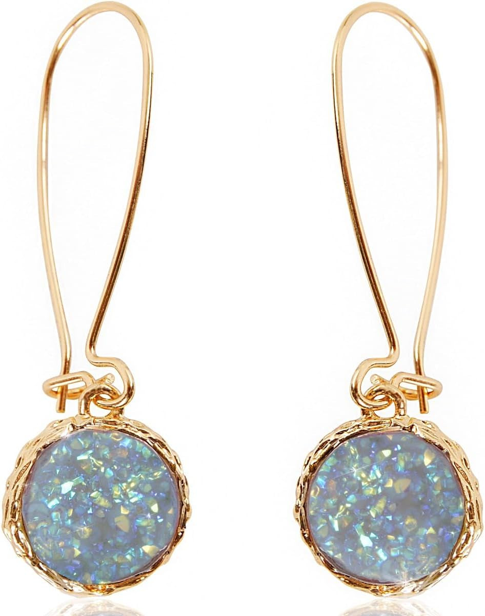 Humble Chic Simulated Druzy Threader Drop Earrings for Women - Gold, Silver, or Rose Gold Tone Trendy Boho Dangles with Sparkly round Stone