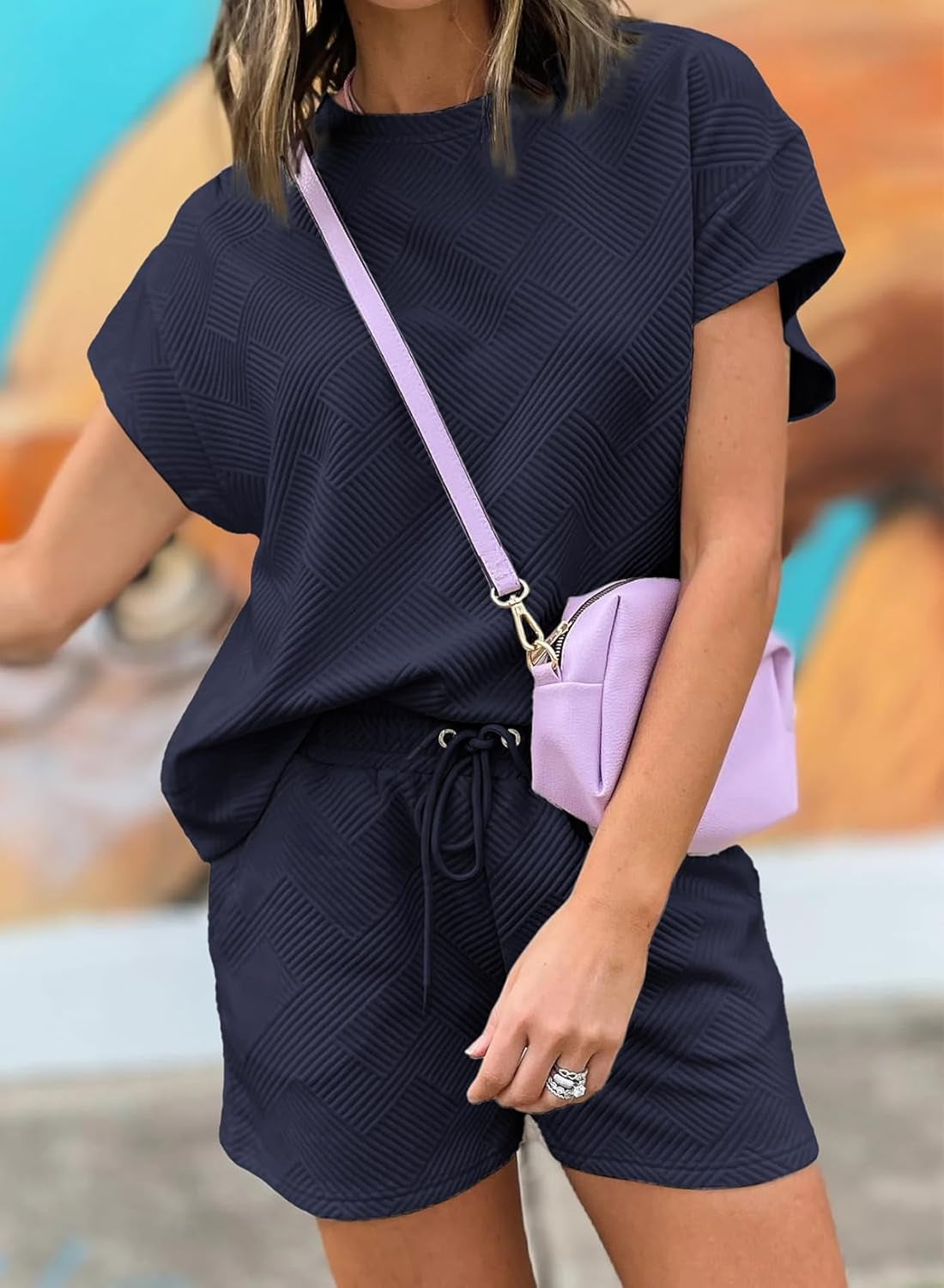 Women'S 2 Piece Outfits Sweatsuit Casual Short Sleeve Pullover Tops and Drawstring Shorts Pants Lounge Sets