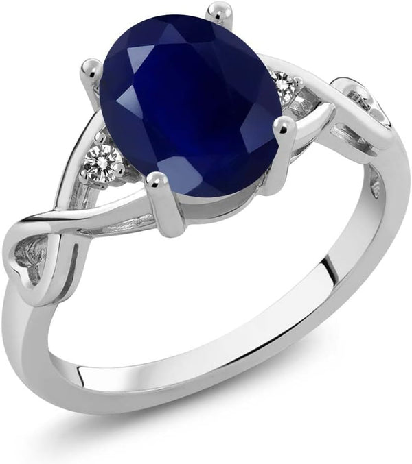 2.56 Cttw Blue Sapphire and White Diamond Engagement Ring for Women | 925 Sterling Silver | Gemstone Birthstone | Available in Size 5, 6, 7, 8, 9