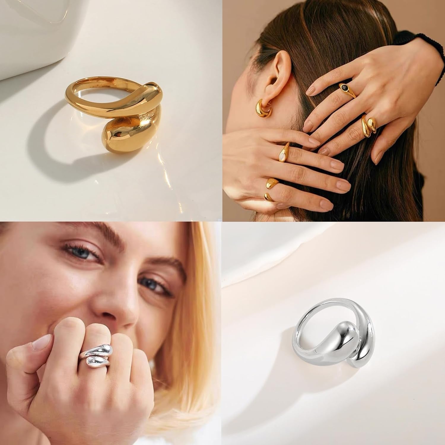 Chunky Dome Rings for Women Gold Silver Thick Teardrop Ring Adjustable Open Band Rings Waterdrop Stacking Ring Bold Statement Rings