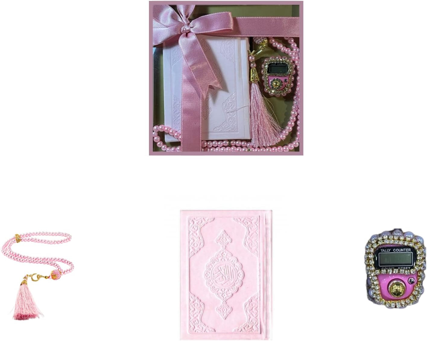 Islamic Gift Set, Thermo Leather Quran, Pearl Prayer Beads, Digital Zikr Tasbih, Mini Qur'An, Portable Prayers Basket, Muslim Gifts for Women