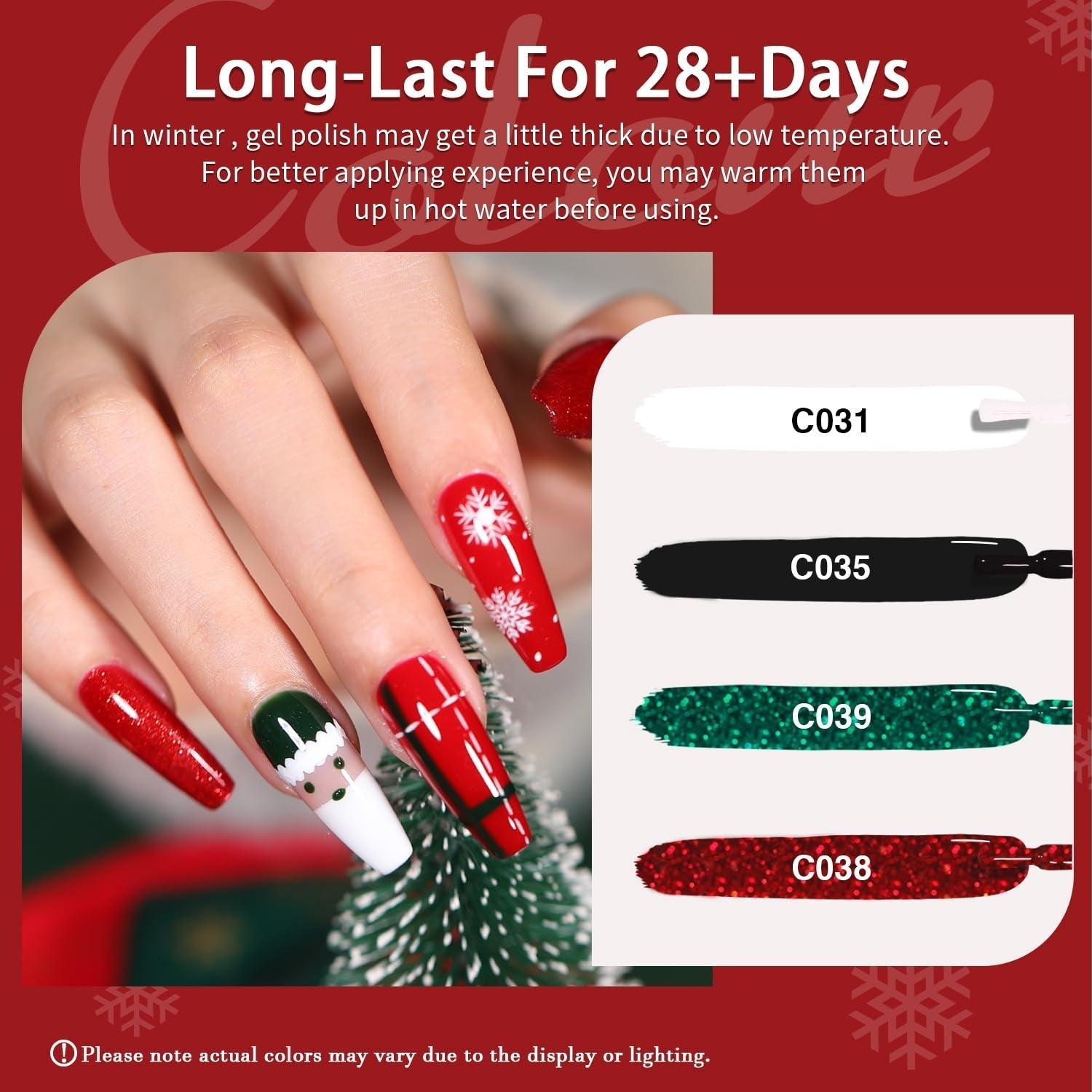 Christmas Day Gel Nail Polish Set - 10 Colors Gel Polish Set Red White Green Gold Silver Glitter Sparkle Gel Nail Kit Soak off Nail Art Manicure DIY Gifts for Women Classic
