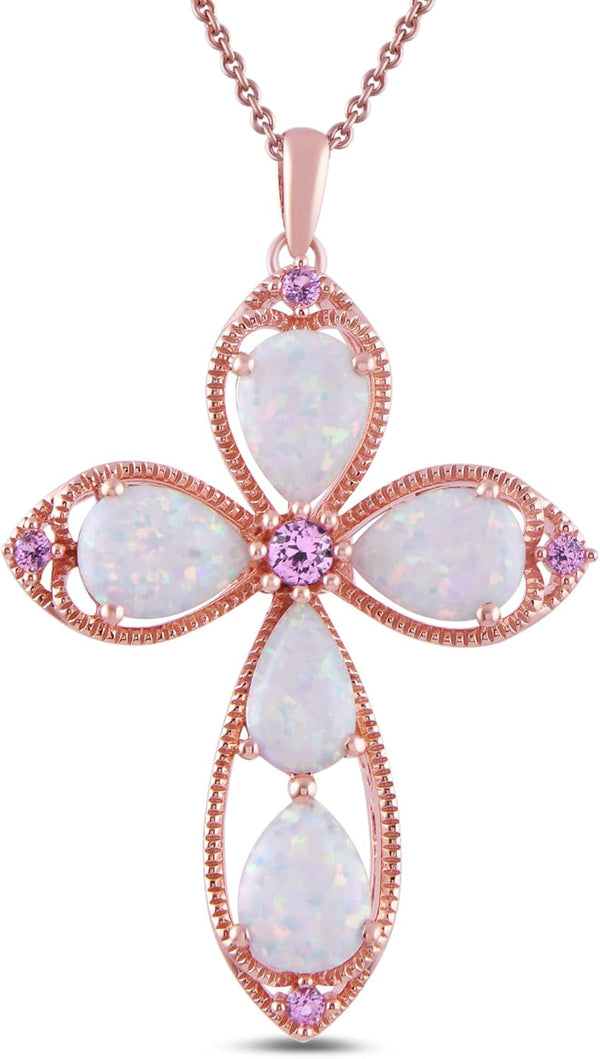Womens 14K Rose Gold over Sterling Silver Created Opal with Created Pink Sapphire Cross Pendant Necklace, 18", (Previously Amazon Collection)