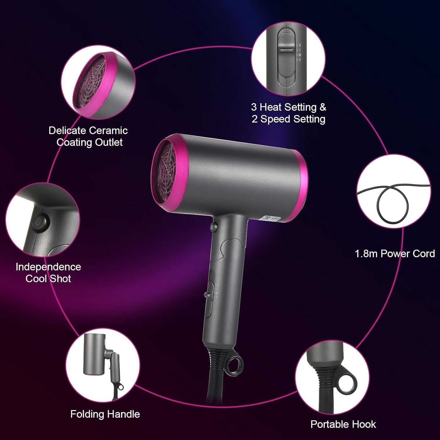 1800W Hair Dryer Professional Salon Anion Hair Dryer with Attachment Diffuser & Nozzles, 2 Speeds Fast Dry with Constant Temperature, Home Use Portable Foldable Hair Dryer