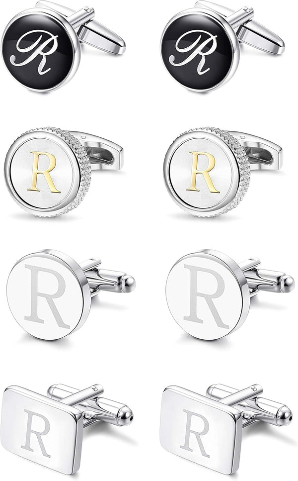 4Pairs Men'S Initial Letter Shirts Cufflinks Engraved Shirt Cufflink Alphabet Set Fashion Dazzle Tuxedo Cufflinks Business Wedding Father'S Daygift