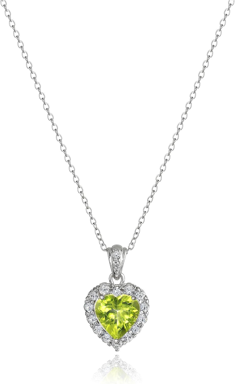 Platinum Plated Sterling Silver Genuine Peridot and White Topaz Halo Heart Pendant Necklace, 18"