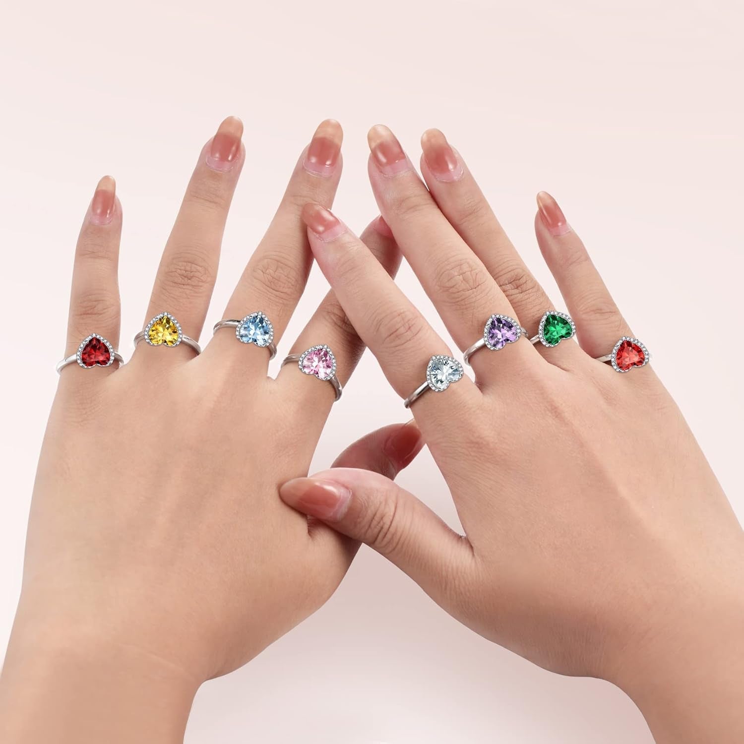 925 Sterling Silver Birthstone Rings for Women Girls with Clear 2Ct Heart/Round/Teardrop/Square Crystal, Solitaire Diamond Halo Open Bands Cubic Zirconia Rings Adjustable Size#6-#12