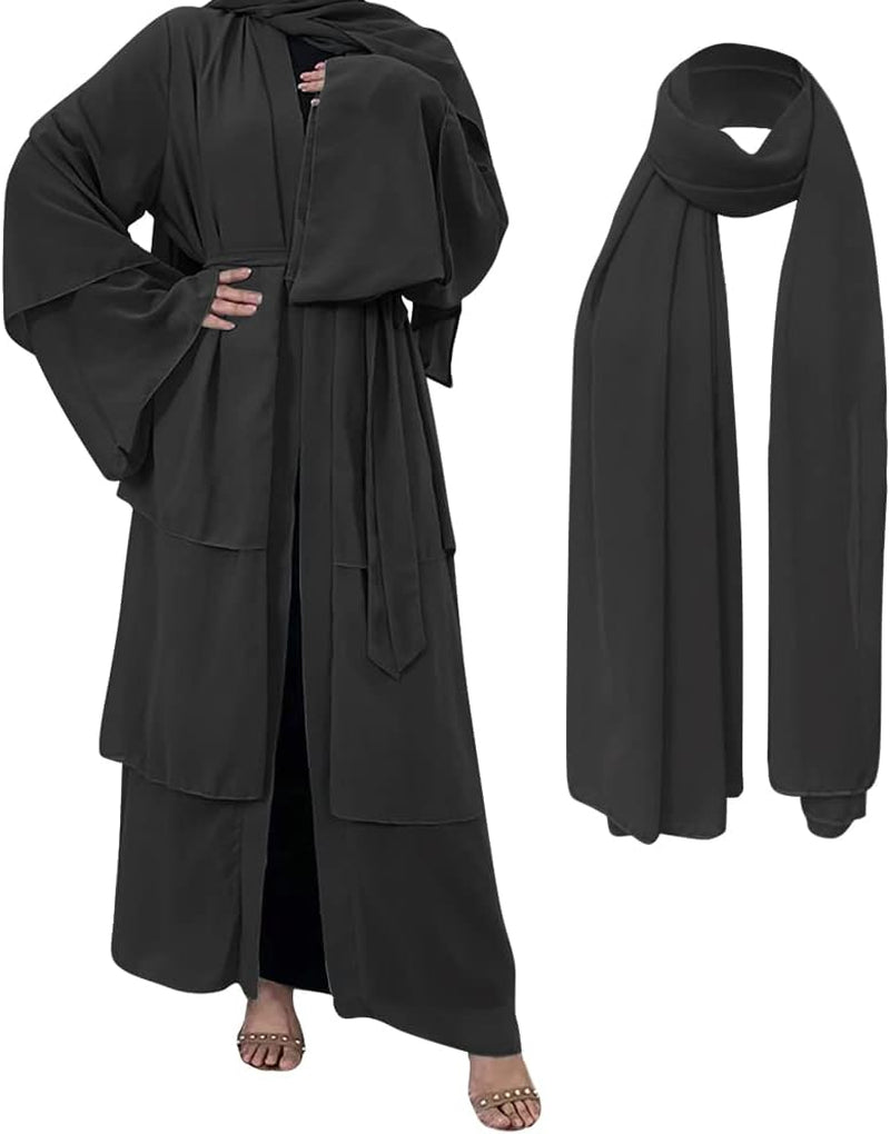 Muslim Chiffon Abaya for Women Open Front Cardigan Modest Dress with Hijab Scarf Middle East Arabian Robe Islamic Long Dress