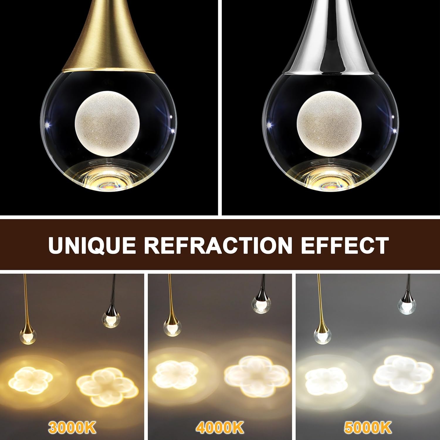 1-Light Pendant Lights Kitchen Island, 8W 3 Color Temperature Dimmable LED Pendant Light Fixtures, Gold Hanging Crystal Teardrop Pendant Lights for Bathroom, Bedroom