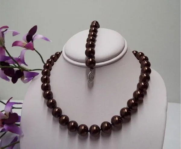 Rare Rich Chocolate Color 14Mm 1 Pc South Sea Shell Pearl Necklace Bracelet Set