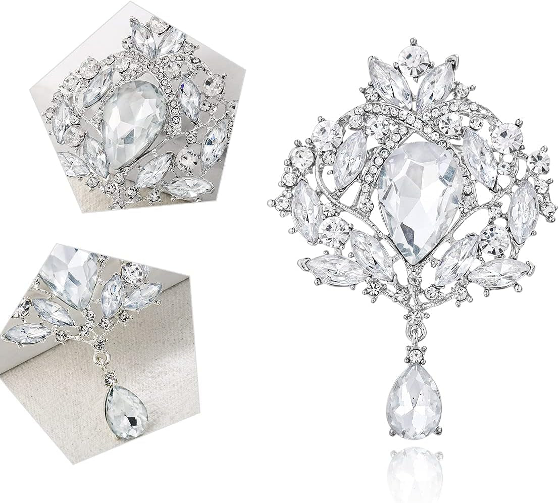 2 Pieces Crystal Rhinestone Marquise Pear-Shaped Teardrop Flower Brooch Pin Set for Women