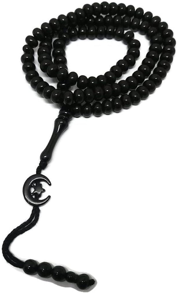Islam Prayer Tasbih 99 Beads AMN-303 Muslim 8 Mm. Rosary Bead Moon Star Decorated Tassels Haj Eid Ramadan Gift (Black)
